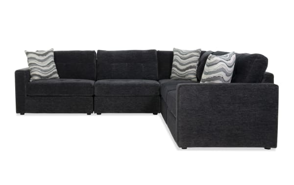 Contemporary Modular Bob® charcoal 5-piece sectional sofa with storage, polyester fabric upholstery, memory foam cushions, and versatile configuration options.