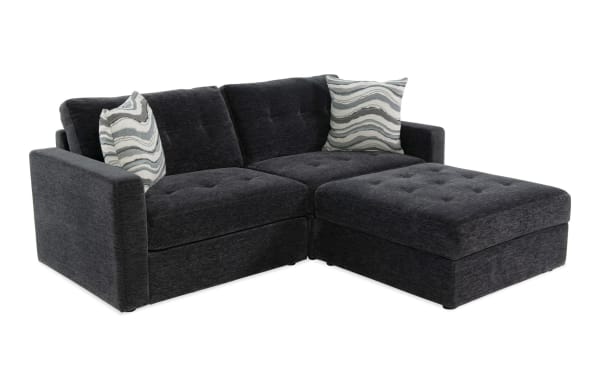 Contemporary Modular Bob® 3-piece charcoal gray fabric loveseat set with left and right arm storage chairs and storage ottoman.