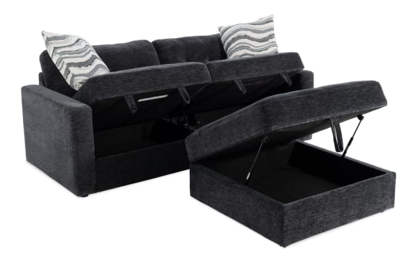 Charcoal gray Modular Bob® 3-piece contemporary loveseat set with polyester fabric, memory foam cushions, and hidden storage in seats and ottoman.