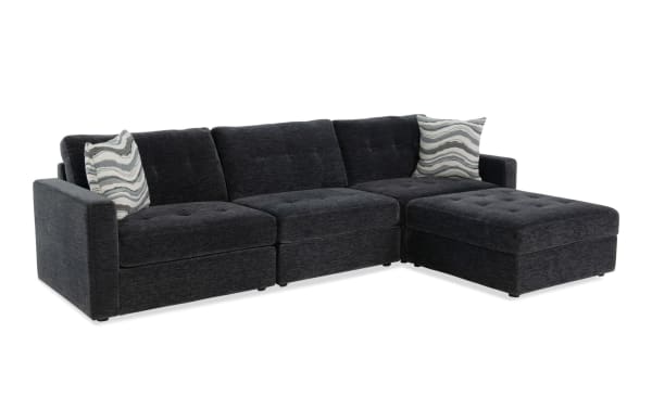 Modular Bob® Charcoal 123'' 4-piece contemporary storage sofa set with polyester fabric upholstery, including armless, left and right arm facing chairs, and storage ottoman.