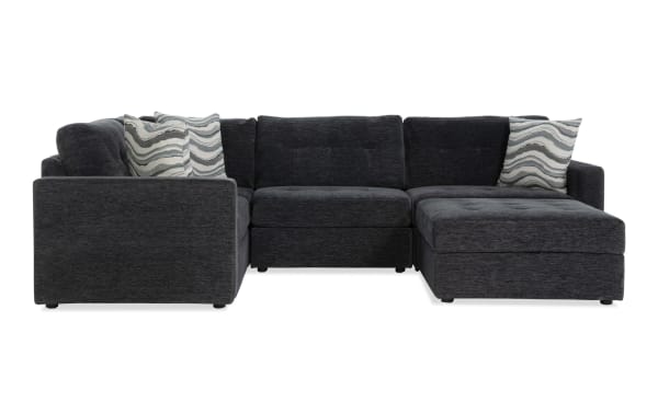 Contemporary Modular Bob® charcoal gray 5-piece sectional with polyester fabric upholstery, memory foam cushions, storage seats, and ottoman.