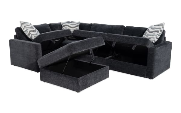 Charcoal gray Modular Bob® 5-piece contemporary sectional with polyester fabric, memory foam cushions, storage ottoman, and multiple seating storage compartments.