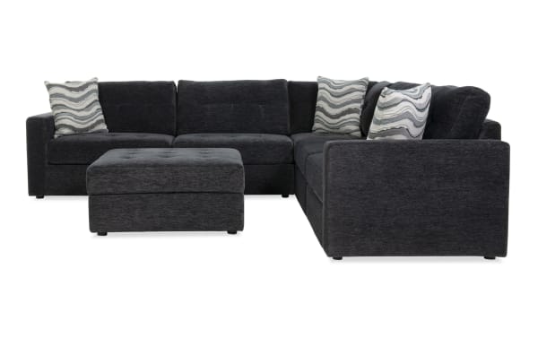 Contemporary Modular Bob® charcoal gray 6-piece storage sectional with polyester fabric upholstery, memory foam cushions, and a storage ottoman.