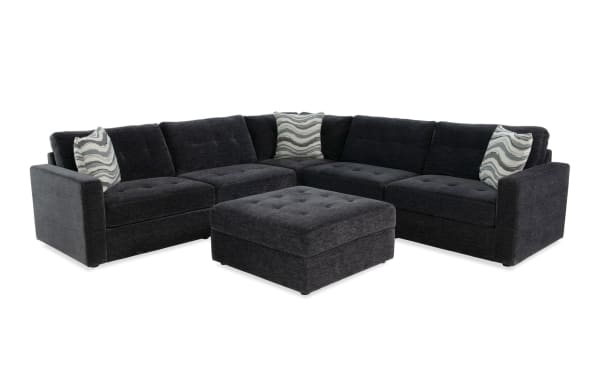 Modular Bob® Charcoal 117" 6-piece contemporary storage sectional in soft polyester fabric with memory foam cushions, includes armless chairs, corner, arm-facing chairs, and storage ottoman.