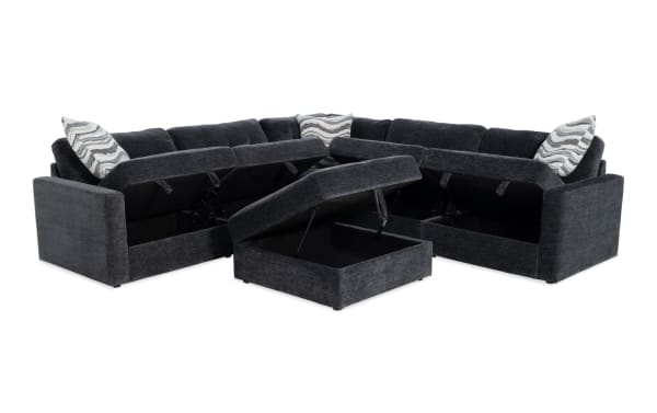 Charcoal gray Modular Bob® 6-piece contemporary sectional with polyester fabric upholstery, memory foam cushions, and hidden storage in seats and ottoman.