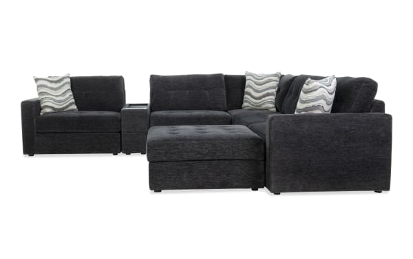 Charcoal gray Modular Bob® 7-piece contemporary sectional with polyester fabric, memory foam cushions, storage ottoman, console with USB ports.