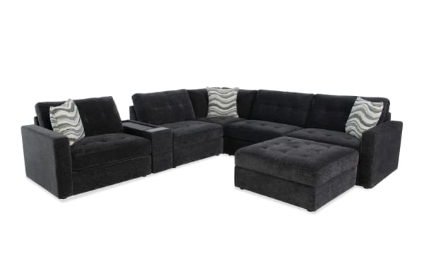 Contemporary Modular Bob® Charcoal 7-piece storage sectional with polyester fabric, memory foam cushions, console with USB ports, and storage ottoman.