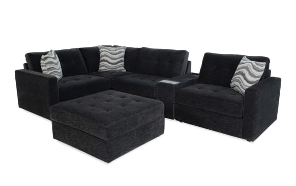 Contemporary Modular Bob® Charcoal 129" 6-piece storage sectional with polyester fabric, memory foam cushions, console with USB ports, and storage ottoman.