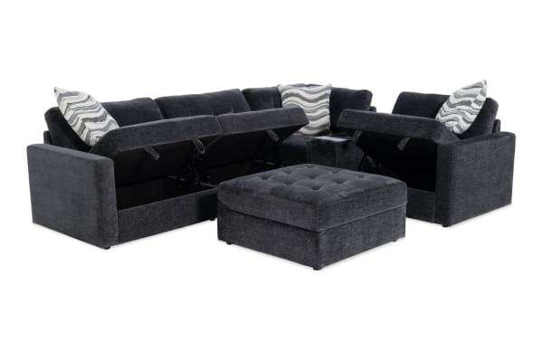 Charcoal gray Modular Bob® 6-piece contemporary sectional with polyester fabric, memory foam cushions, storage seats, console with USB ports, and storage ottoman.