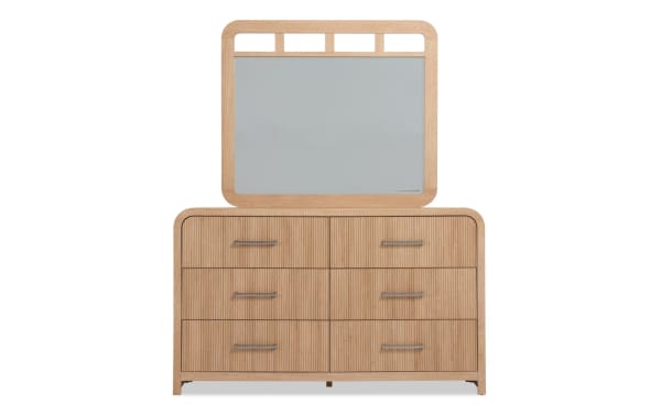 Cascade Brown 6 Drawer Dresser & Mirror in transitional style with engineered wood grain MDF, featuring reeded drawer fronts, smooth corners, and a matching framed mirror.