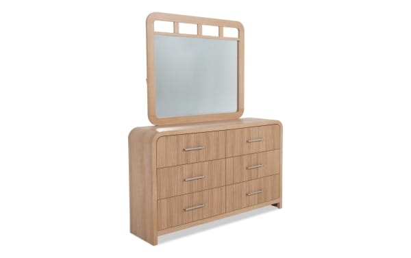 Cascade Brown 6 Drawer Dresser & Mirror in transitional style, featuring engineered wood grain MDF, reeded drawer fronts, smooth rounded corners, and a felt-lined top drawer for ample storage. Part of the Cascade Bedroom collection, this brown dresser includes a matching framed mirror for added functionality and style.