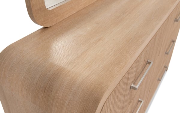 Cascade Brown 6 Drawer Dresser & Mirror with smooth rounded edges, intricate reeded drawer fronts, MDF engineered wood grain, transitional style.