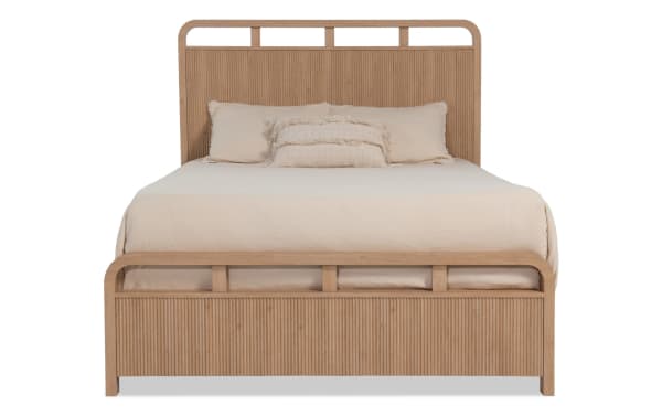 Cascade Full Brown Panel Bed from Cascade Bedroom collection, transitional style with brown engineered wood grain MDF, featuring reeded headboard and footboard with smooth rounded corners and four symmetrical rectangular openings.