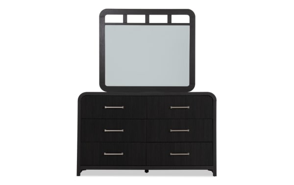 Cascade Black 6 Drawer Dresser & Mirror from Cascade Bedroom collection, transitional style with black MDF engineered wood, reeded drawer fronts, smooth corners, and felt-lined top drawer.