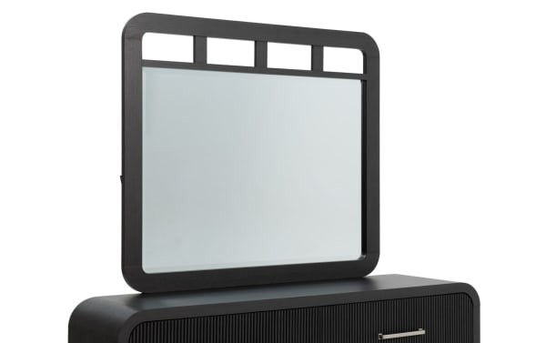 Transitional Cascade Black 6 Drawer Dresser with matching rectangular mirror, featuring smooth rounded corners, intricate reeded drawer fronts, and engineered wood grain MDF construction.