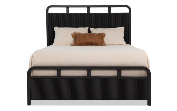 Cascade Twin Black Panel Bed from the Cascade Bedroom collection, featuring transitional style with black MDF and engineered wood grain, detailed reeded headboard and footboard, smooth corners, and four symmetrical panel openings for visual interest.
