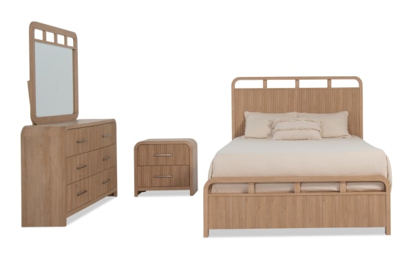 Cascade 4 Piece Full Brown Panel Bedroom Set in transitional style, featuring MDF and engineered wood grain with reeded details, smoothed corners, felt-lined drawers, and built-in USB/USB-C charging ports.