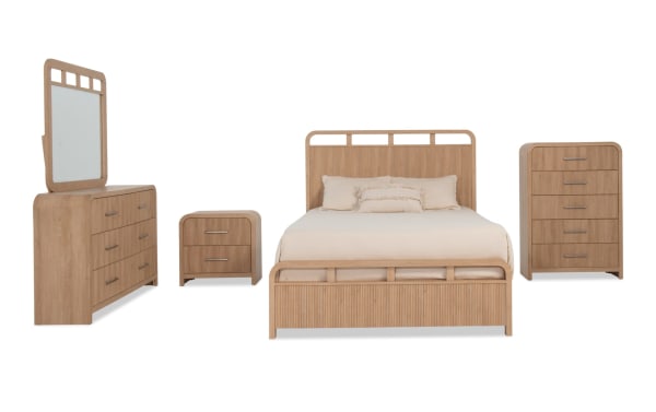 Cascade 5 Piece Full Brown Panel Bedroom Set in transitional style, made of MDF and engineered wood grain, featuring intricate reeding, smooth corners, felt-lined drawers, built-in USB/USB-C ports, and a matching mirror.
