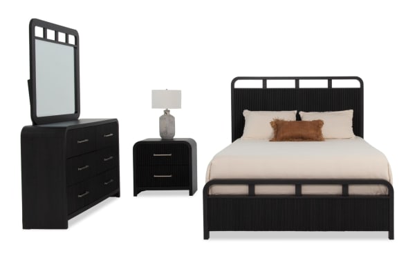 Cascade 4 Piece Queen Black Panel Bedroom Set in transitional style, featuring MDF and engineered wood grain, with reeded detailing, smooth corners, felt-lined drawers, and built-in USB/USB-C ports.