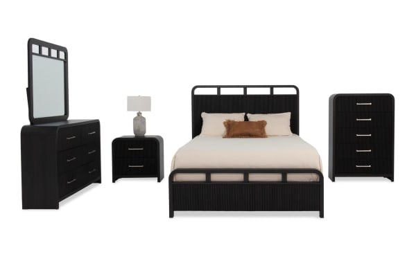 Cascade 5 Piece Full Black Panel Bedroom Set in transitional style, featuring MDF and engineered wood grain, with reeded details, smooth corners, felt-lined drawers, built-in USB/USB-C ports, and a large mirror.