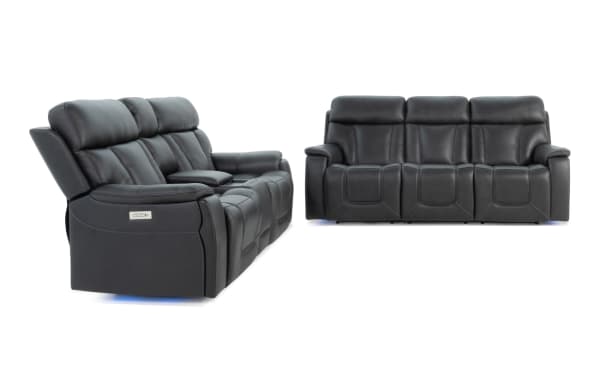 Showcase Black Leather 89'' power reclining sofa and 77'' console loveseat in transitional style with leather upholstery, cup holders, and USB ports.