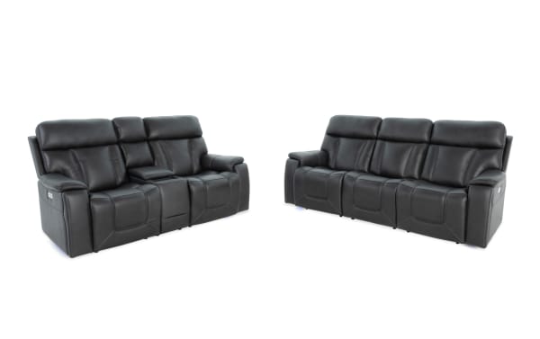 Showcase Black Leather 89" power reclining sofa and 77" console loveseat set in transitional style with leather upholstery, cup holders, and built-in audio features.