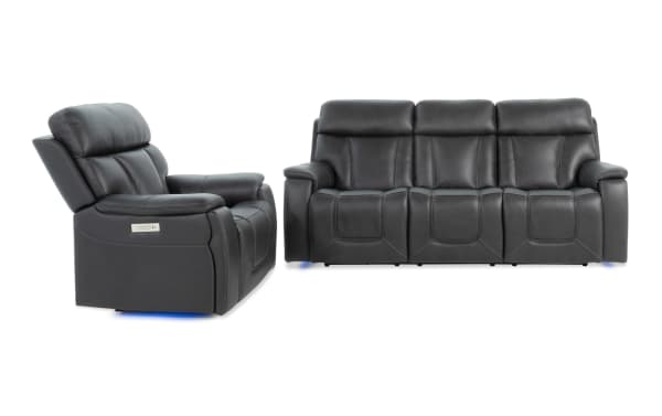 Showcase Black Leather 89'' Immersive Audio Power Reclining Sofa and Recliner set in transitional style with leather upholstery, LED lighting, and USB ports.