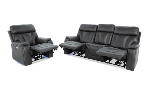 Showcase Black Leather 89'' Immersive Audio Power Reclining Sofa & Recliner set in black leather and vinyl, transitional style with power recline, USB ports, LED lighting, and integrated audio features.