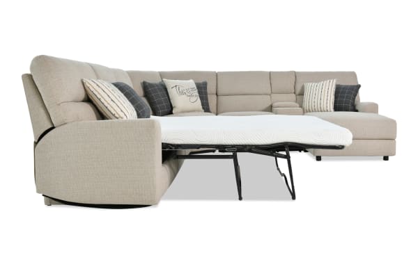 Modern Farmhouse beige 6-piece right arm facing power reclining sleeper chaise sectional with full gel mattress, power headrest, polyester fabric upholstery, and accent pillows.