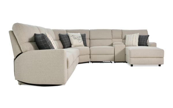 Modern Farmhouse beige 165" 6-piece right arm facing power reclining sleeper chaise sectional in polyester fabric with power headrest, cupholders, USB ports, and accent pillows.
