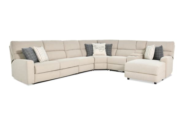Modern Farmhouse 165" beige 6-piece right arm facing fabric polyester sectional with power reclining seats, sleeper chaise, power headrest, and accent pillows.
