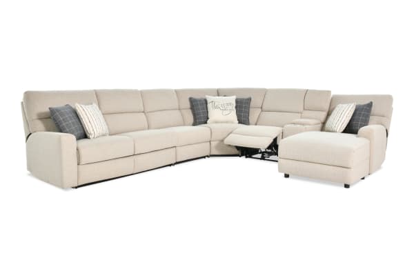 Modern Farmhouse beige 165" 6-piece right-arm facing power reclining sleeper chaise sectional in polyester fabric, with power headrest, accent pillows, and pull-out gel mattress.