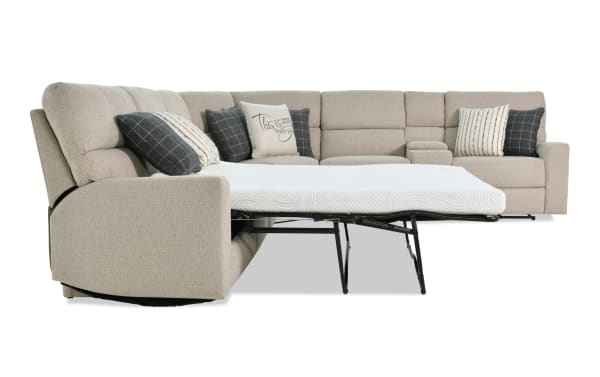 Modern Farmhouse beige 165" 6-piece right arm facing power reclining sleeper sectional with full gel mattress, power headrest, polyester fabric upholstery, and accent pillows.