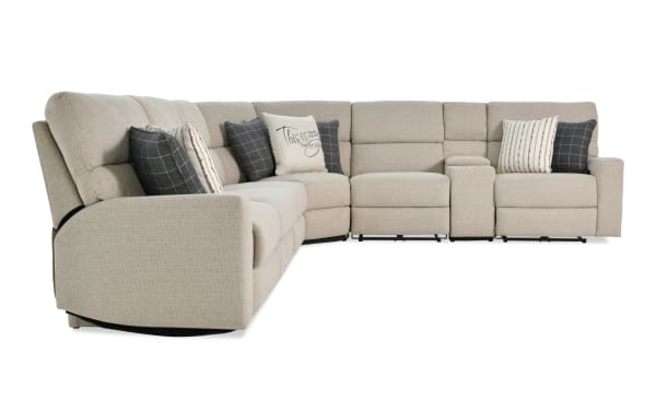 Modern Farmhouse beige 6-piece right arm facing power reclining sleeper sectional with polyester fabric, power headrests, accent pillows, and cupholders.
