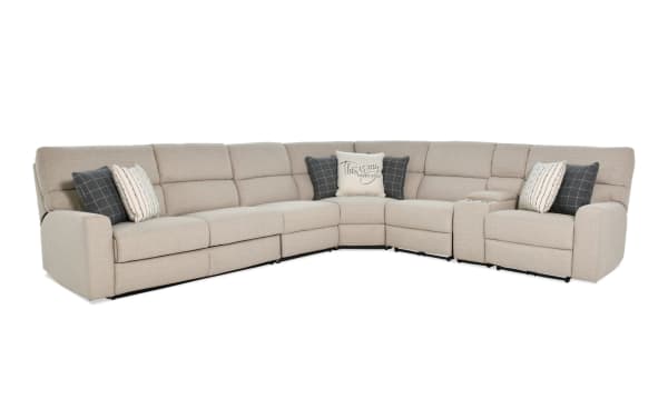 Modern Farmhouse beige 6-piece right arm facing power reclining sleeper sectional with polyester fabric, power headrests, accent pillows, and full gel mattress.