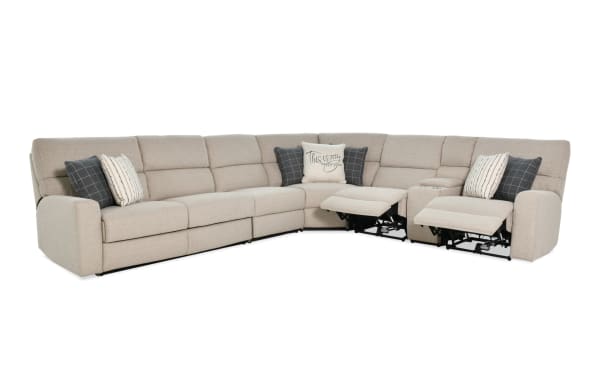 Modern Farmhouse beige 165" 6-piece right-arm facing power reclining sleeper sectional in polyester fabric, featuring power headrests, USB ports, cupholders, storage, accent pillows, and a full gel memory foam pull-out mattress.