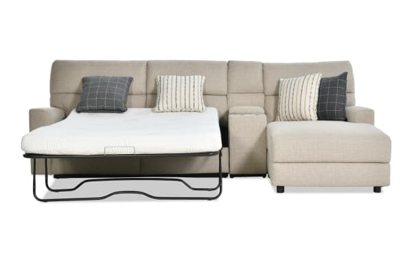Modern Farmhouse beige 3-piece right arm facing power reclining sleeper chaise sectional in polyester fabric, featuring gel mattress, power headrest, cupholders, USB ports, and storage.