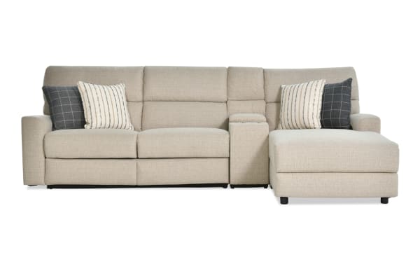 Modern Farmhouse beige 3-piece right arm facing power reclining sleeper chaise sectional with polyester fabric, power headrest, USB ports, cupholders, and gel mattress.