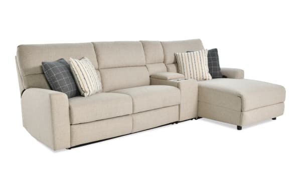 Modern Farmhouse beige 3-piece right arm facing power reclining sleeper chaise sectional in polyester fabric with accent pillows, USB ports, and cupholders.
