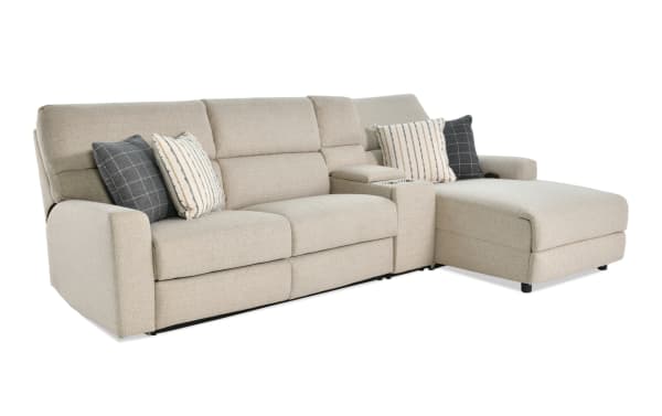 Modern Farmhouse beige 145" 3-piece right arm facing power reclining sleeper chaise sectional with polyester fabric, power headrest, USB ports, cupholders, and gel mattress.
