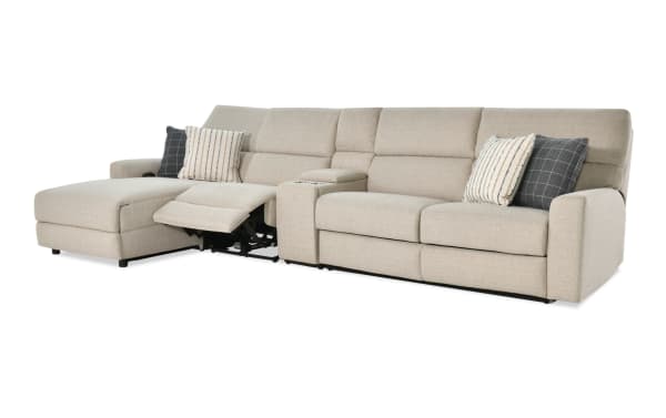 Modern Farmhouse beige 4-piece left-arm facing fabric sectional with power reclining seats, sleeper chaise, gel mattress, power headrest, USB ports, and storage.