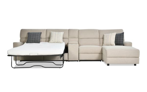 Modern Farmhouse beige 4-piece right arm facing power reclining sleeper chaise sectional with full gel mattress, power headrest, polyester fabric upholstery, and accent pillows.