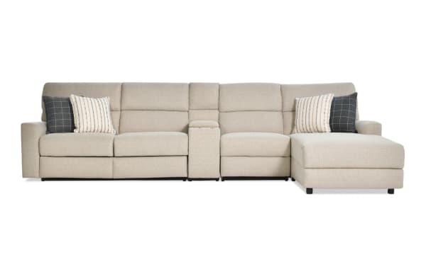 Modern Farmhouse beige 4-piece right-arm facing fabric polyester sectional with power reclining seats, sleeper chaise, USB ports, cupholders, and accent pillows.