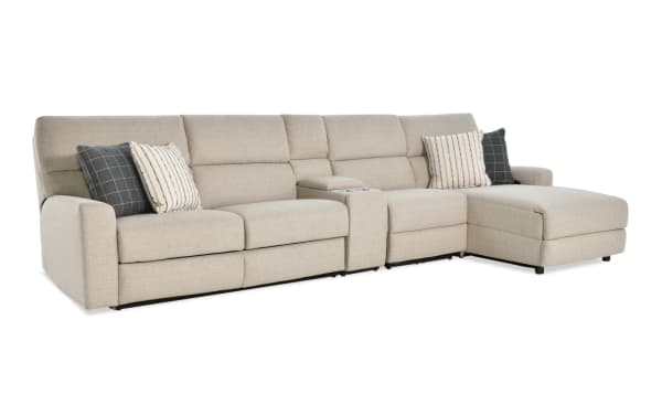 Modern Farmhouse beige 4-piece right arm facing power reclining sleeper chaise sectional in polyester fabric, with power headrest, cupholders, USB ports, and gel memory foam mattress.