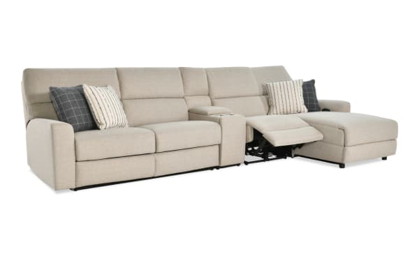 Modern Farmhouse beige 4-piece right-arm facing power reclining sleeper chaise sectional with polyester fabric, power headrest, USB ports, cupholders, and gel mattress.