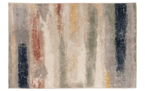 Cozy Pastels 5' x 8' multi abstract rug with multicolored strokes on neutral background, heat set polypropylene, contemporary fabric polyester design.