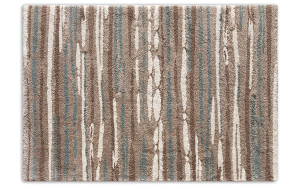 Lagoon 5' x 7' Multi Ikat Rug with multicolored tribal ikat pattern in neutral gray, blue, and beige tones, polyester fabric, transitional style for living or bedroom.