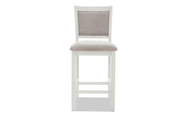 Contemporary London White & Beige Panel Back Upholstered Counter Height Stool with beige polyester fabric seat and MDF frame, London Dining collection.