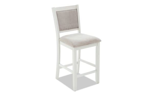 London White & Beige Panel Back Upholstered Counter Height Stool with beige polyester fabric seat and back, white MDF frame, contemporary style from London Dining collection.