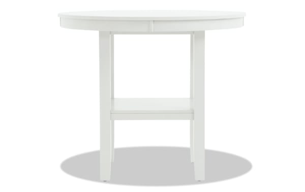 London White Round Counter Height Dining Table from London Dining collection, contemporary style, white MDF with sturdy legs and lower shelf.